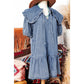REDUCED!!!  Kathleen Dusk Blue Ruffled Collared Side Pockets Puff Sleeve Denim Mini Dress  REDUCED!!!