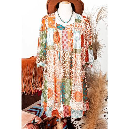 Katie Orange Boho Paisley Mixed Print 3/4 Sleeve Chiffon Loose Dress