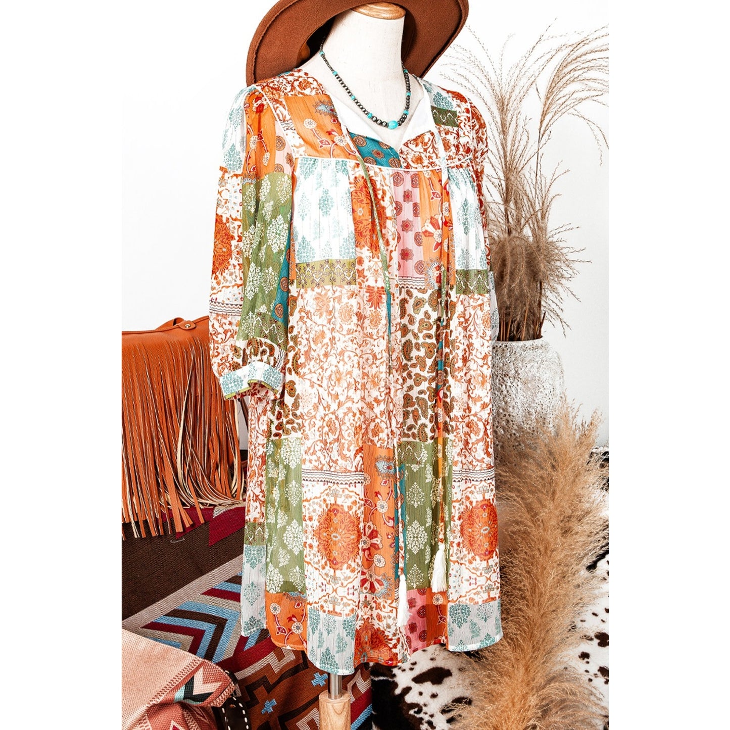 Katie Orange Boho Paisley Mixed Print 3/4 Sleeve Chiffon Loose Dress