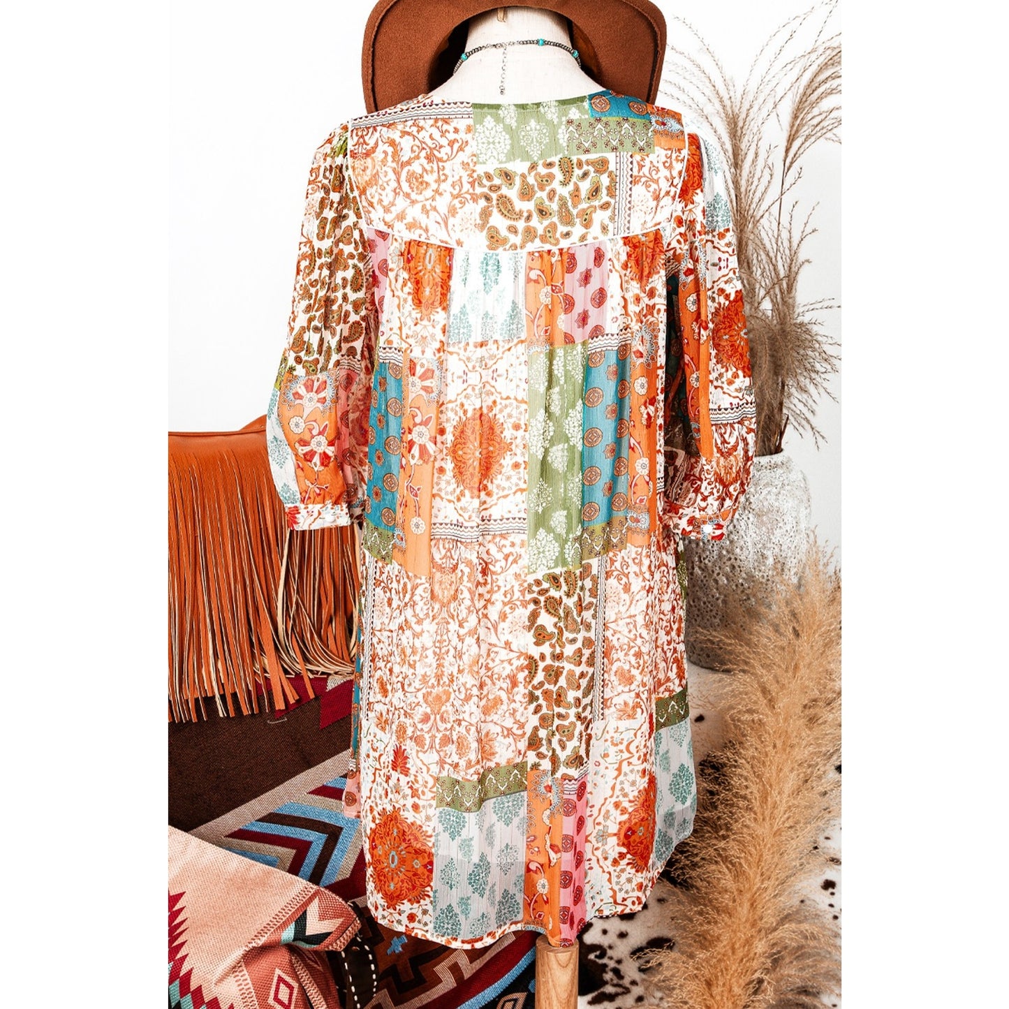 Katie Orange Boho Paisley Mixed Print 3/4 Sleeve Chiffon Loose Dress