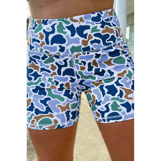 Katja Blue Abstract Camo Printed Seam Detail Biker Shorts