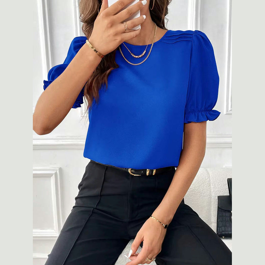 Kaydi Royal Blue Pleated Shoulder Puff‑Sleeve Top