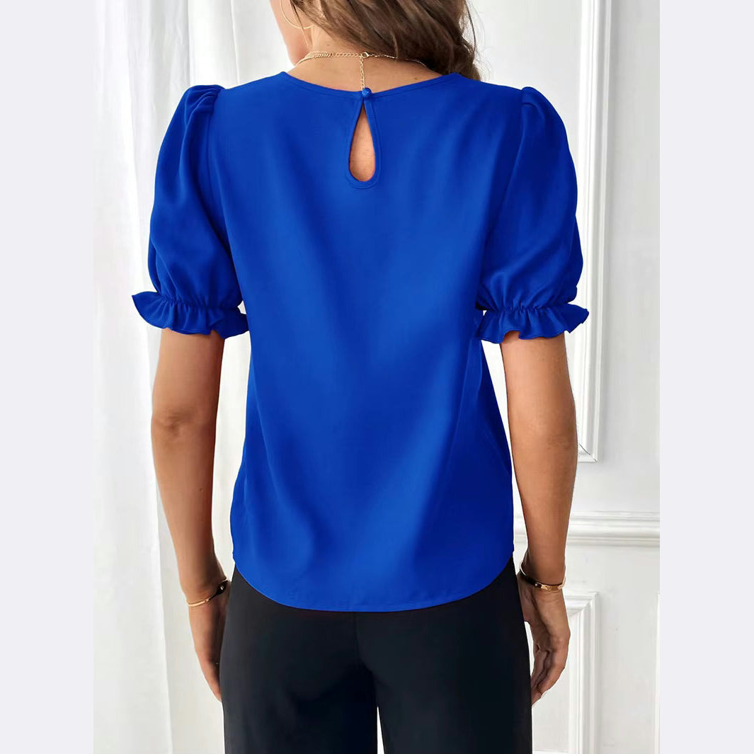 Kaydi Royal Blue Pleated Shoulder Puff‑Sleeve Top