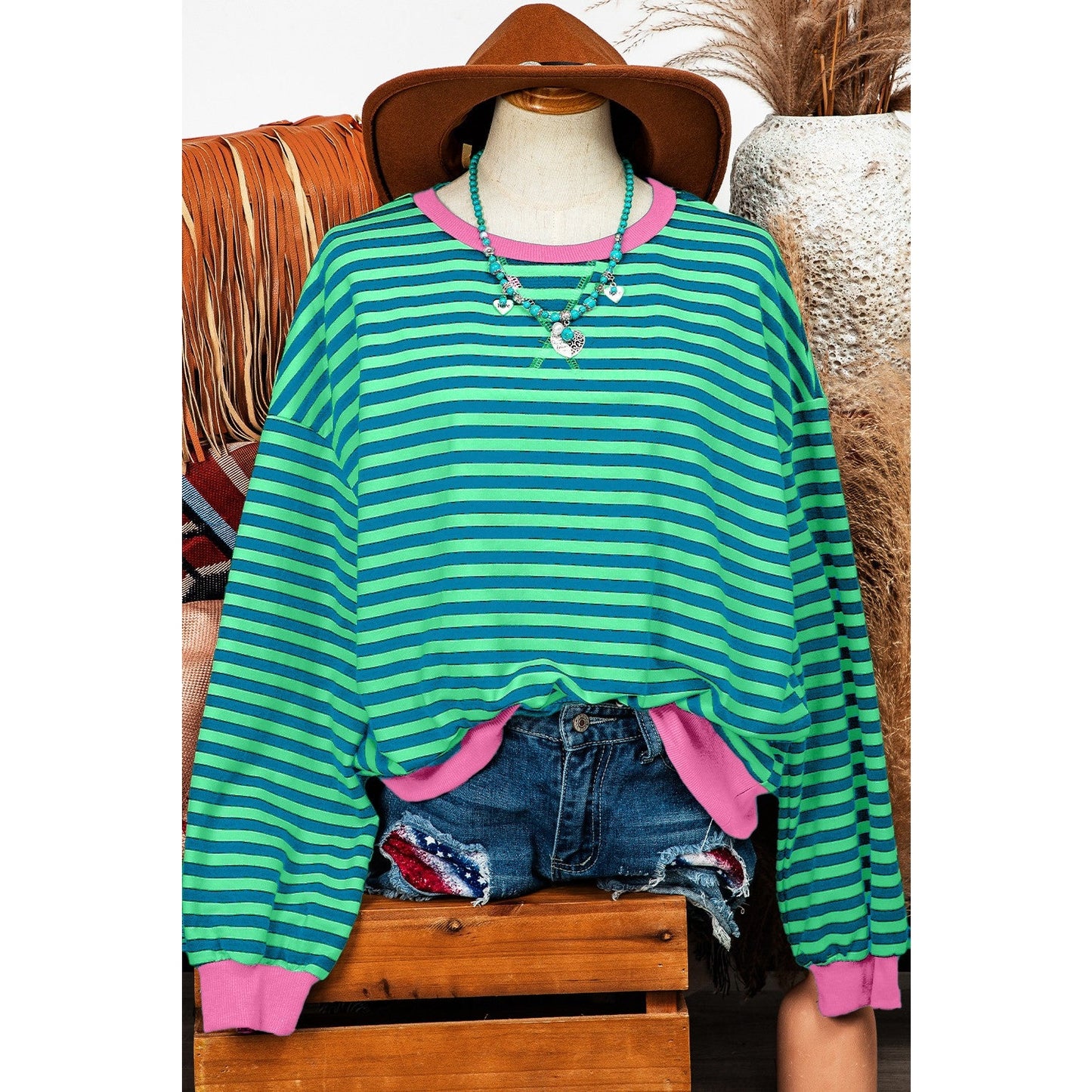 Kaylyn Green Stripe Oversized Contrast Trim Pullover Sweatshirt