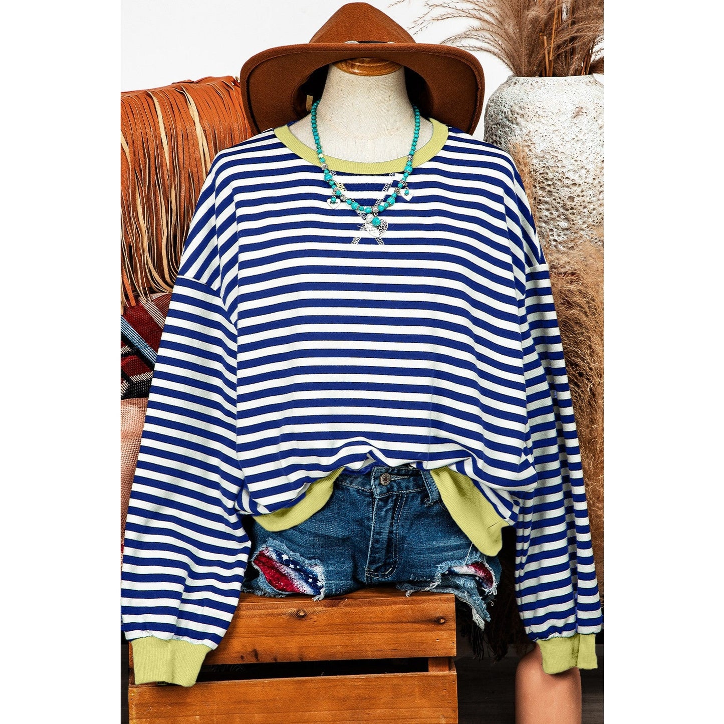 Kaylyn Blue Stripe Oversized Contrast Trim Pullover Sweatshirt