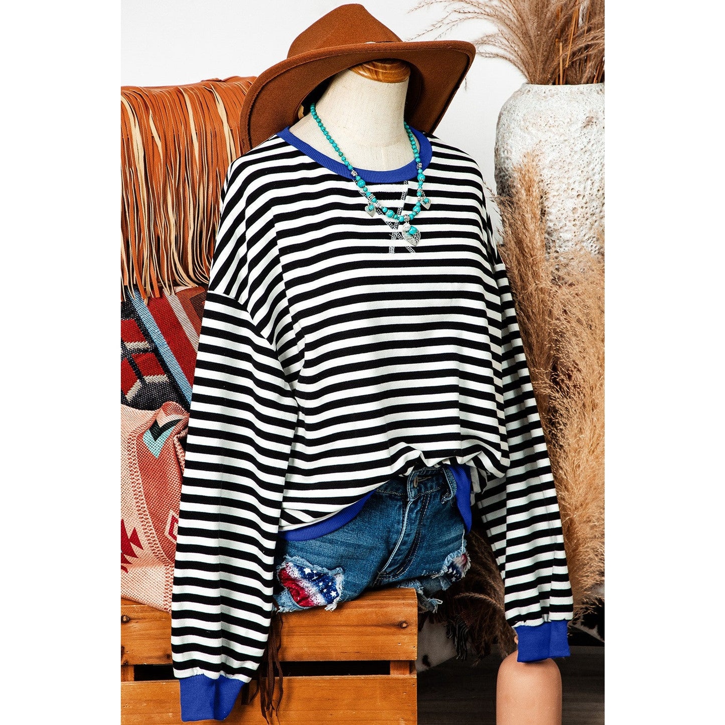 Kaylyn Black Stripe Oversized Contrast Trim Pullover Sweatshirt