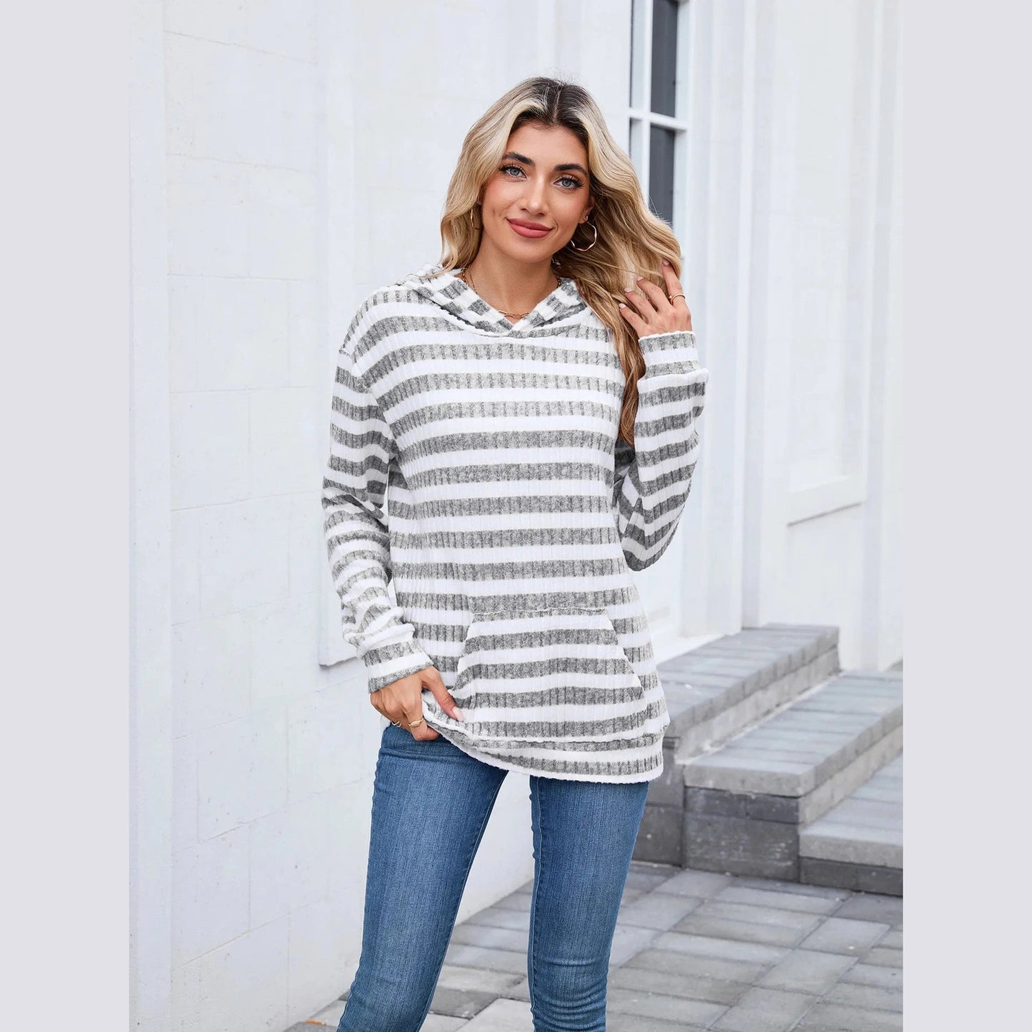 Kaytryn Grey Striped Kangaroo Pocket Hoodie