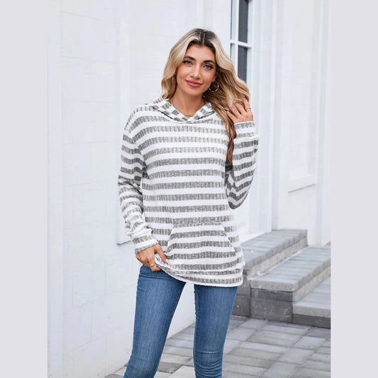 Kaytryn Grey Striped Kangaroo Pocket Hoodie