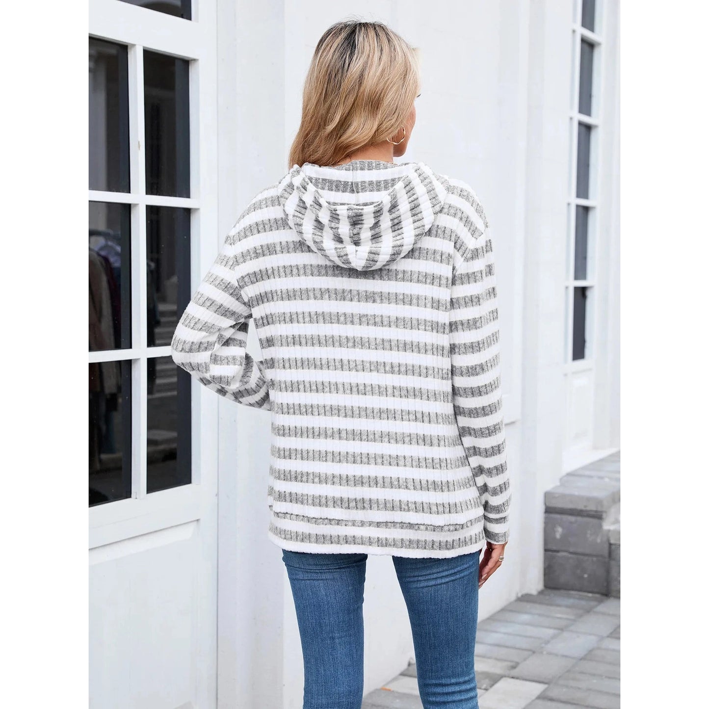 Kaytryn Grey Striped Kangaroo Pocket Hoodie