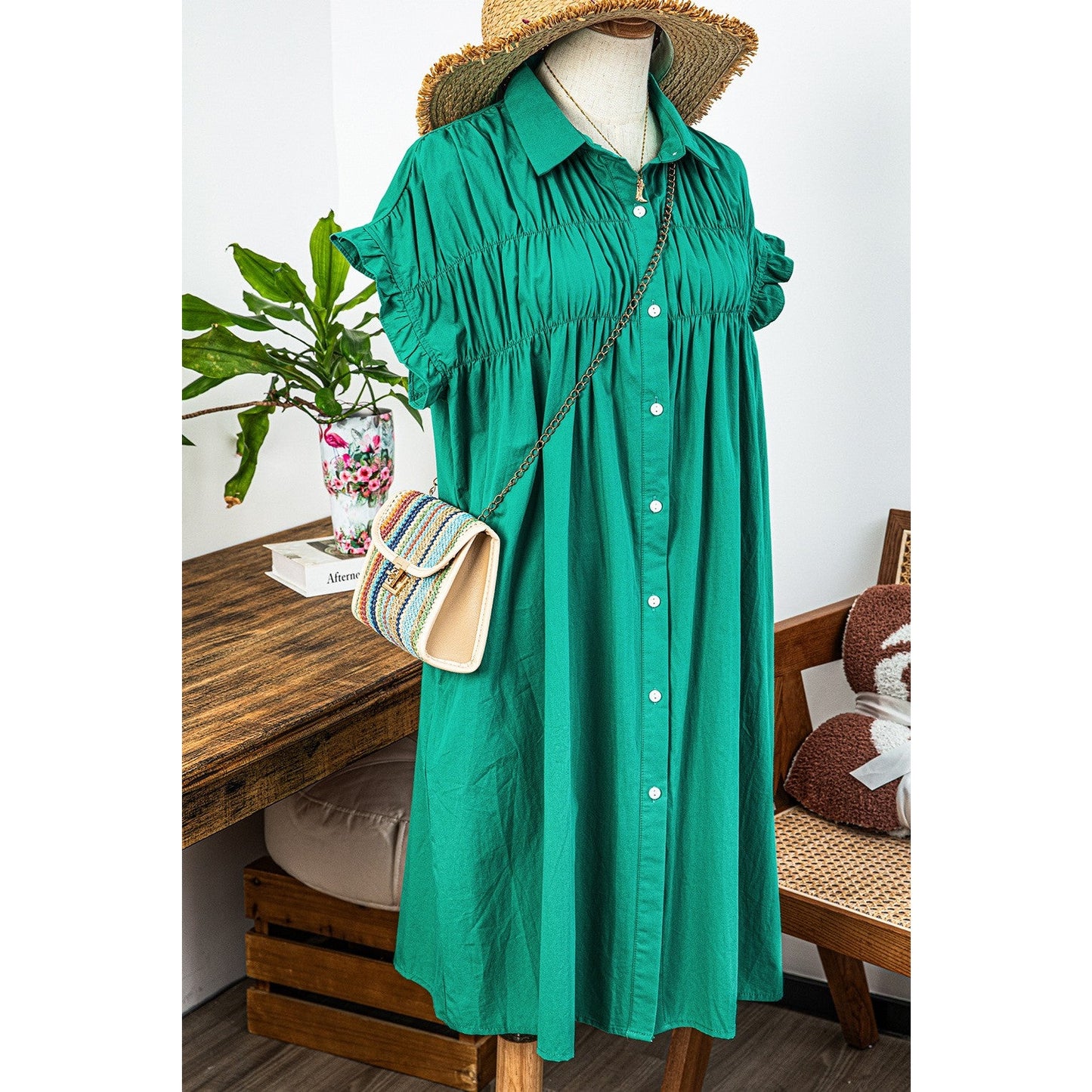 Keagan Bright Green Shirred Ruffle Sleeve Button Up Short Dress