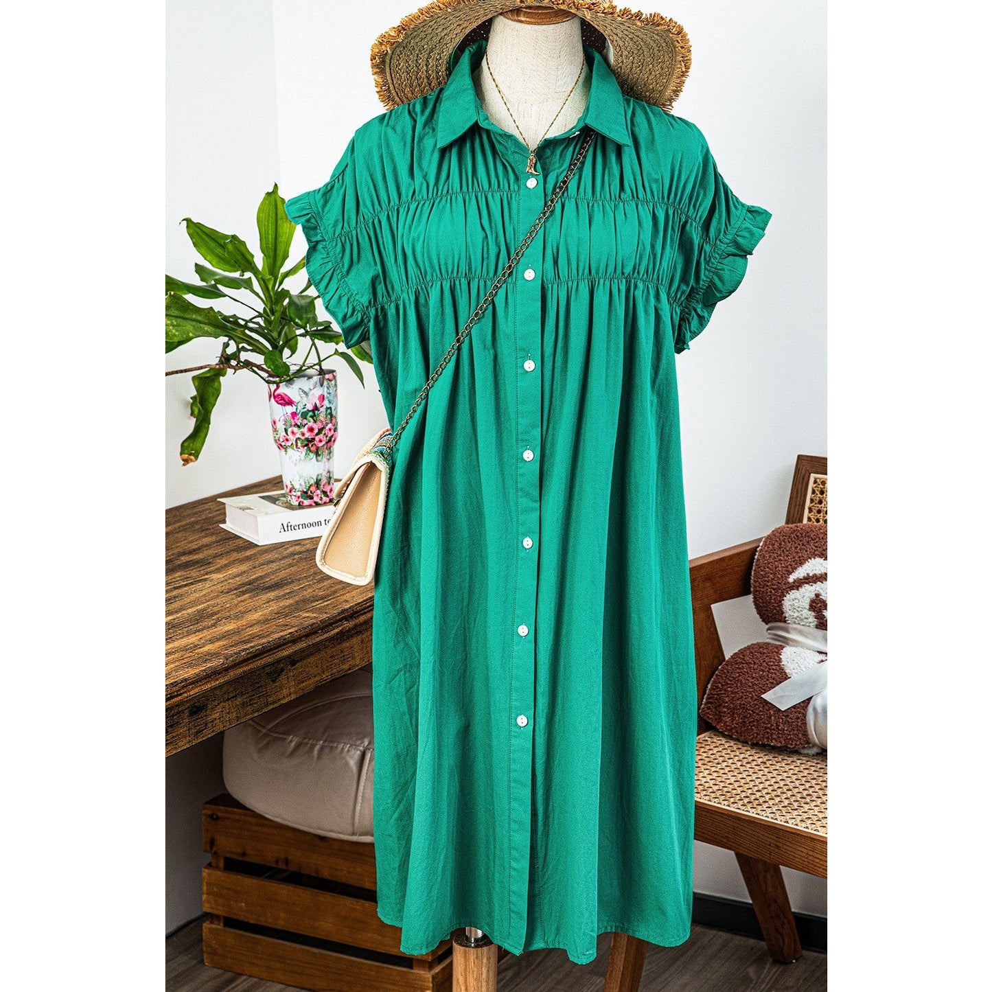 Keagan Bright Green Shirred Ruffle Sleeve Button Up Short Dress