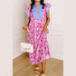 Kedra Pink Floral Print Color Block Patchwork V Neck Short Sleeve Midi Dress