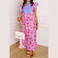 Kedra Pink Floral Print Color Block Patchwork V Neck Short Sleeve Midi Dress
