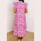 Kedra Pink Floral Print Color Block Patchwork V Neck Short Sleeve Midi Dress