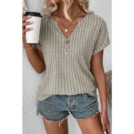 Keely Parchment Wide Ribbed Notched V Neck Button Decor T shirt