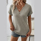 Keely Parchment Wide Ribbed Notched V Neck Button Decor T shirt