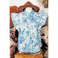 Keesha Sky Blue Floral Print Ruffle Sleeve Frilly Button Up Shirt
