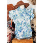 Keesha Sky Blue Floral Print Ruffle Sleeve Frilly Button Up Shirt