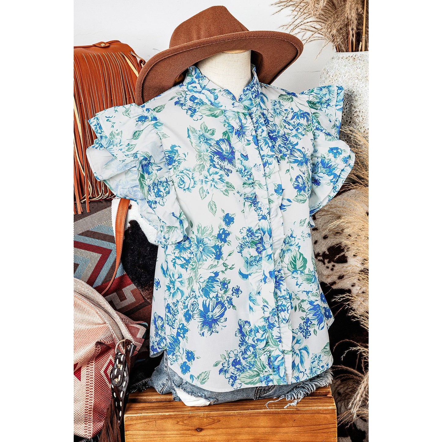 Keesha Sky Blue Floral Print Ruffle Sleeve Frilly Button Up Shirt