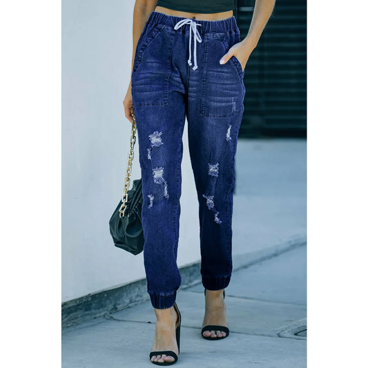 Spencer Dark Blue Distressed Drawstring Pocketed Joggers