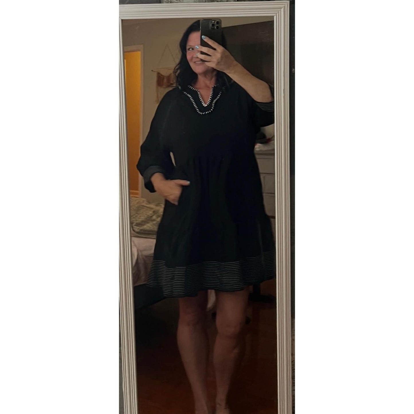 Kesha Black Contrast Stitched V Neck 3/4 Sleeve Tiered Mini Dress