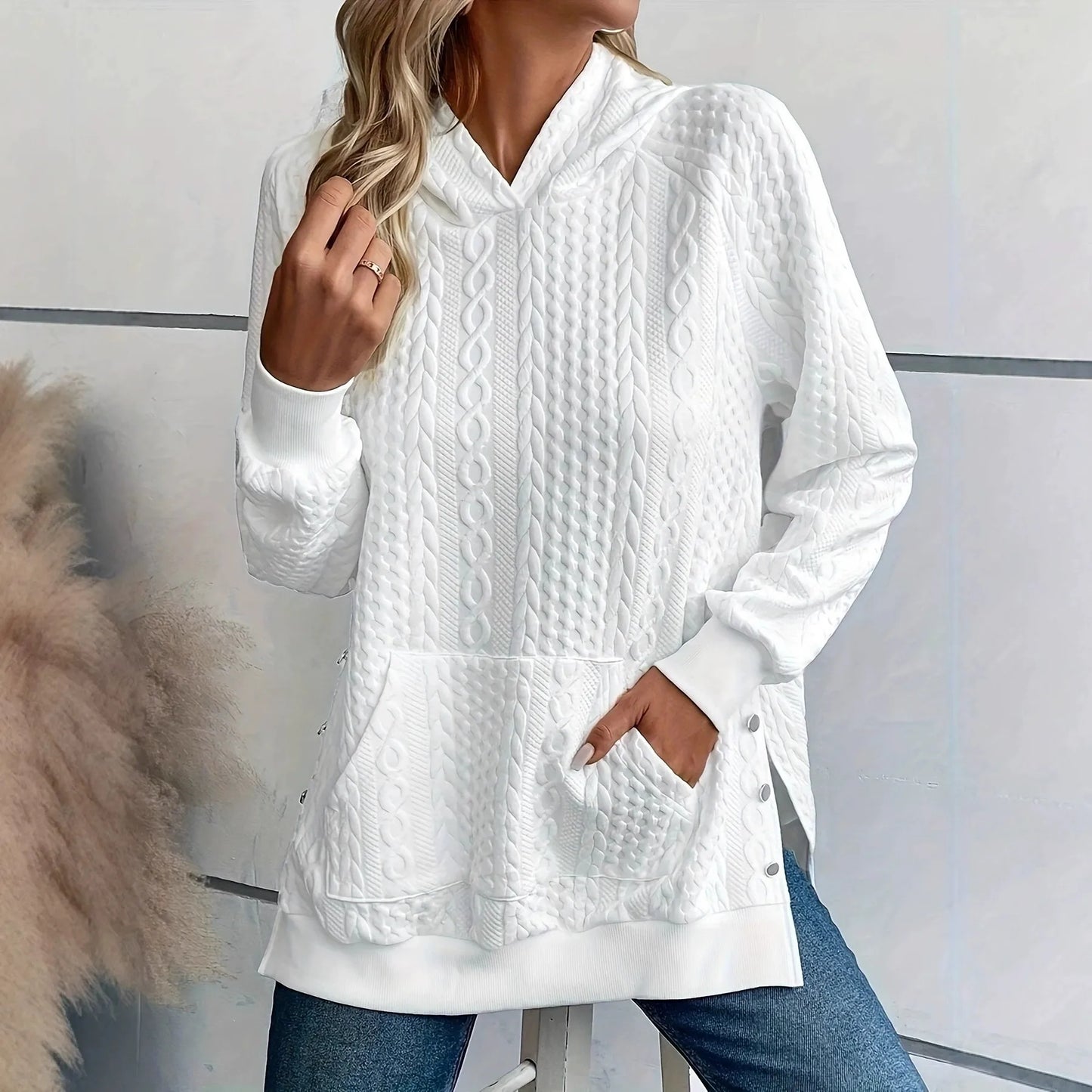 Keeva Comfy White Cable‑Pattern Hoodie