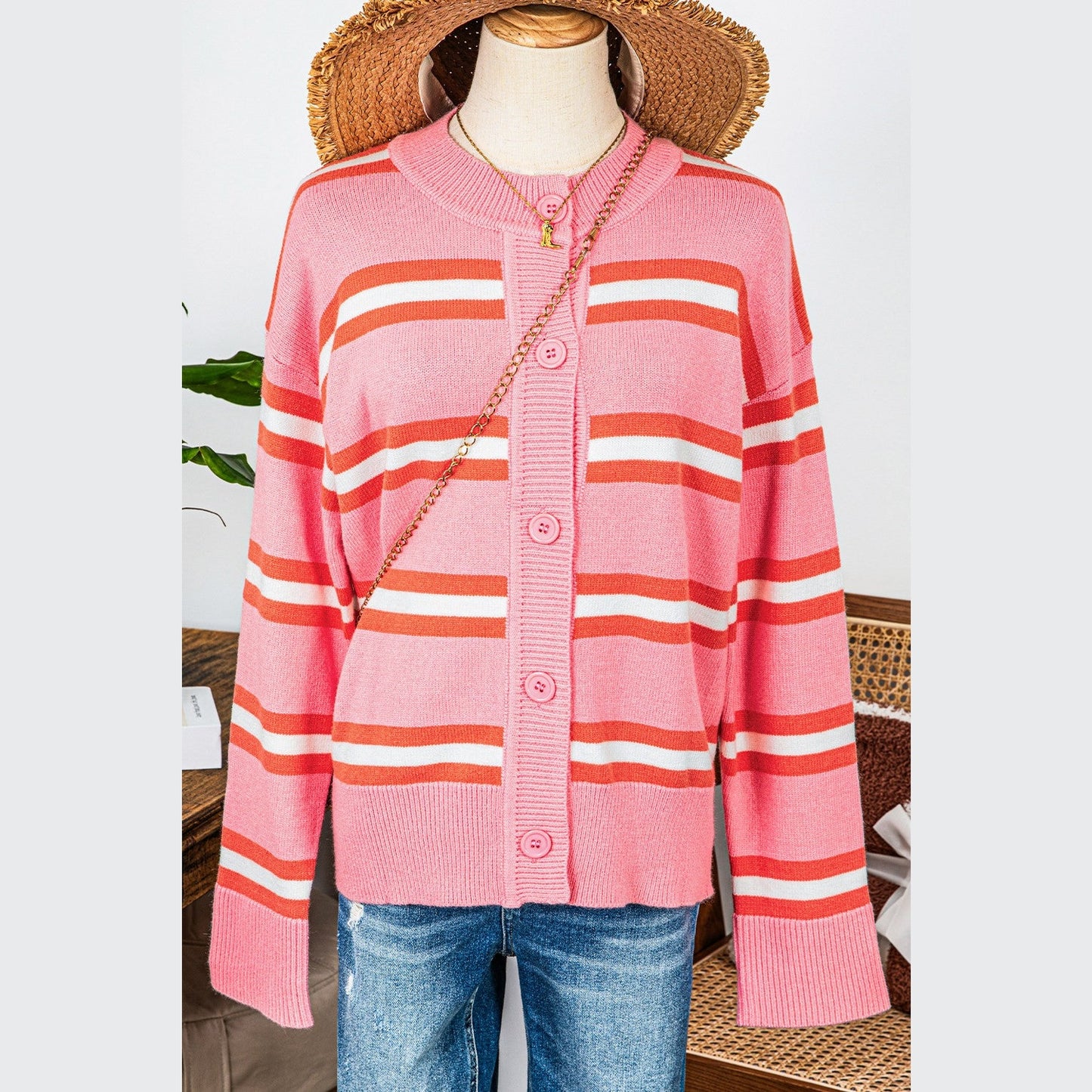 Kelcee Pink Stripe Drop Shoulder Buttons Cardigan Sweater