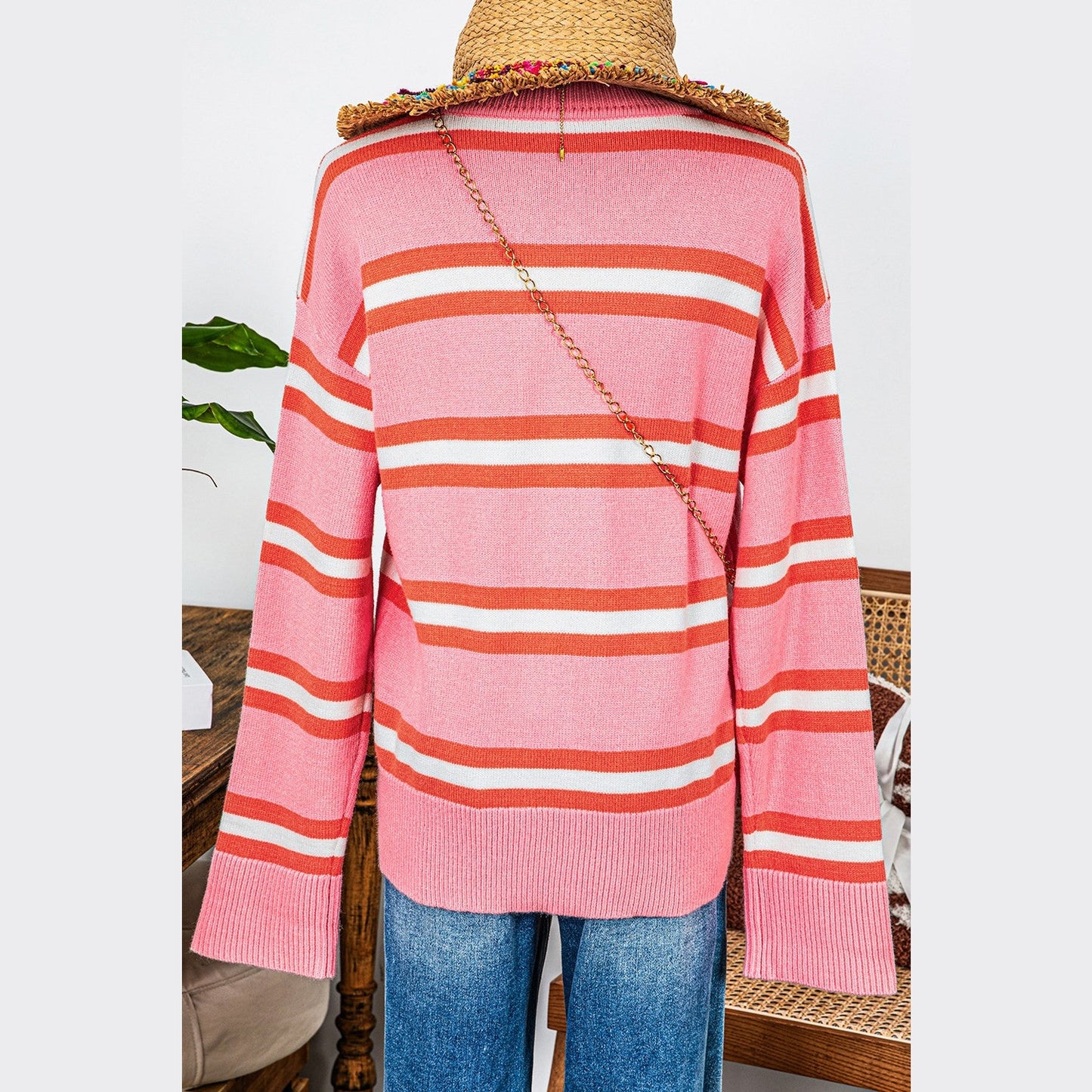 Kelcee Pink Stripe Drop Shoulder Buttons Cardigan Sweater