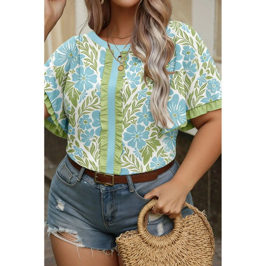 Kella Sky Blue Plus Size Floral Print Frilled Color Block Trim Short Sleeve Blouse