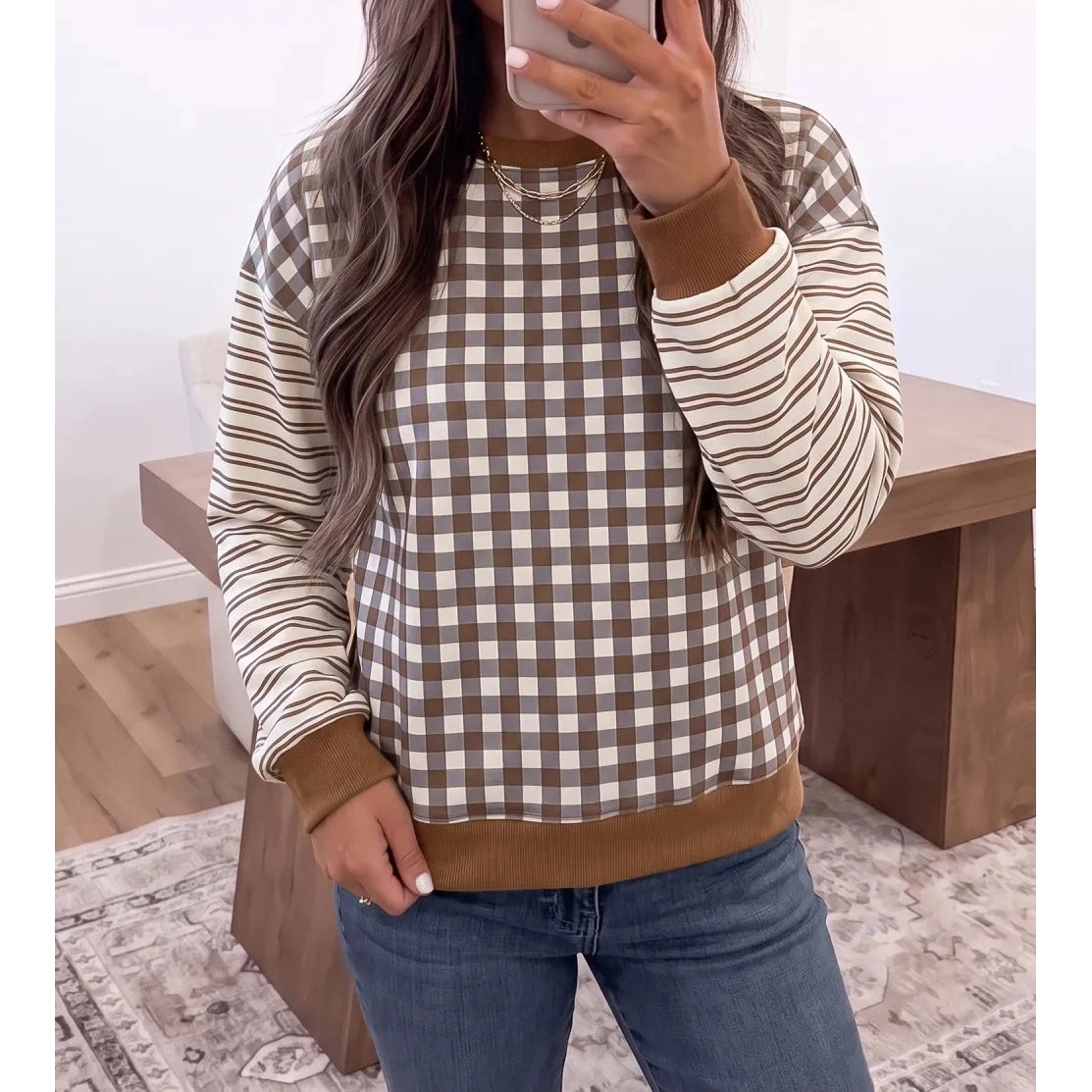 Kellianne Brown Plaid Striped Patchwork Long Sleeve Casual Top