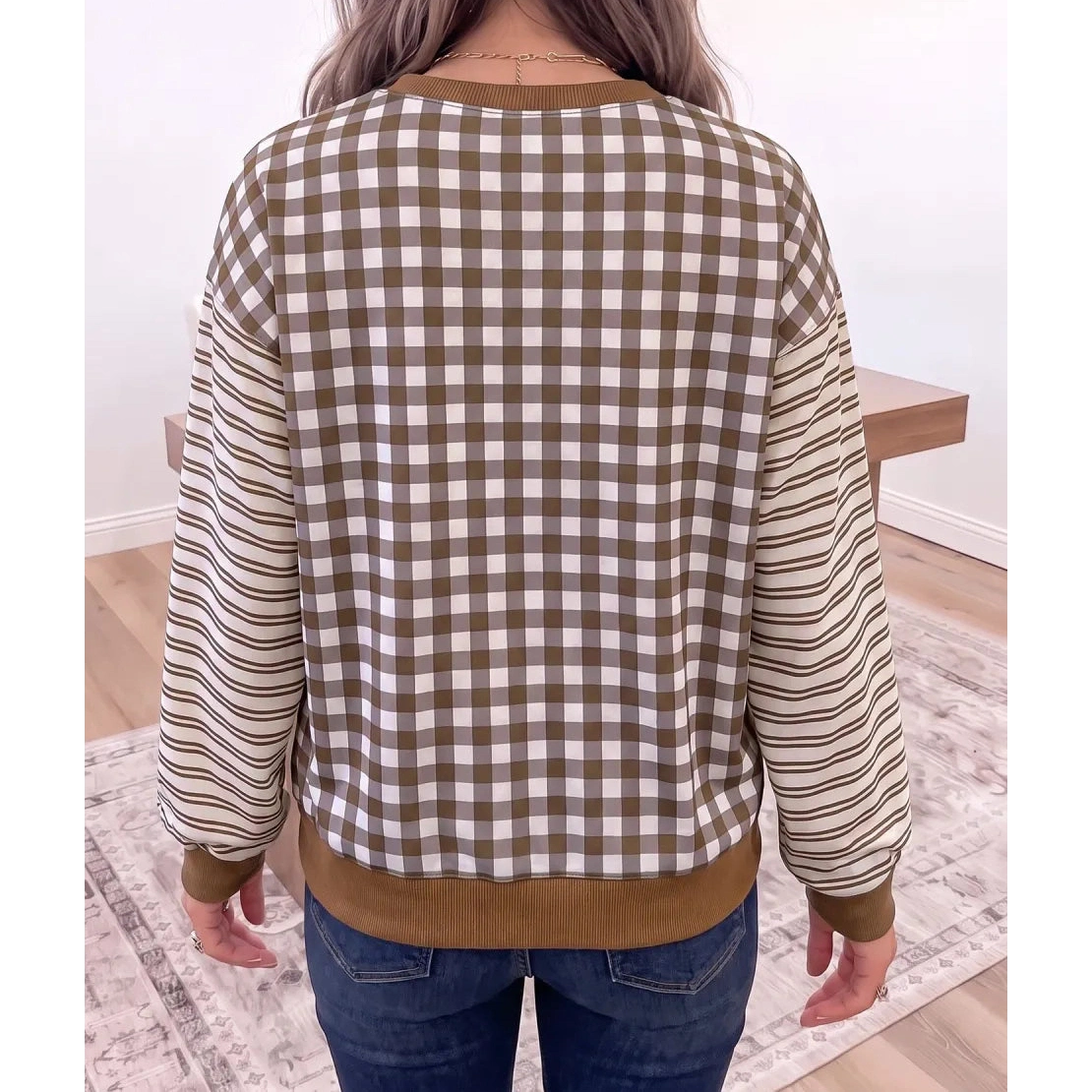 Kellianne Brown Plaid Striped Patchwork Long Sleeve Casual Top