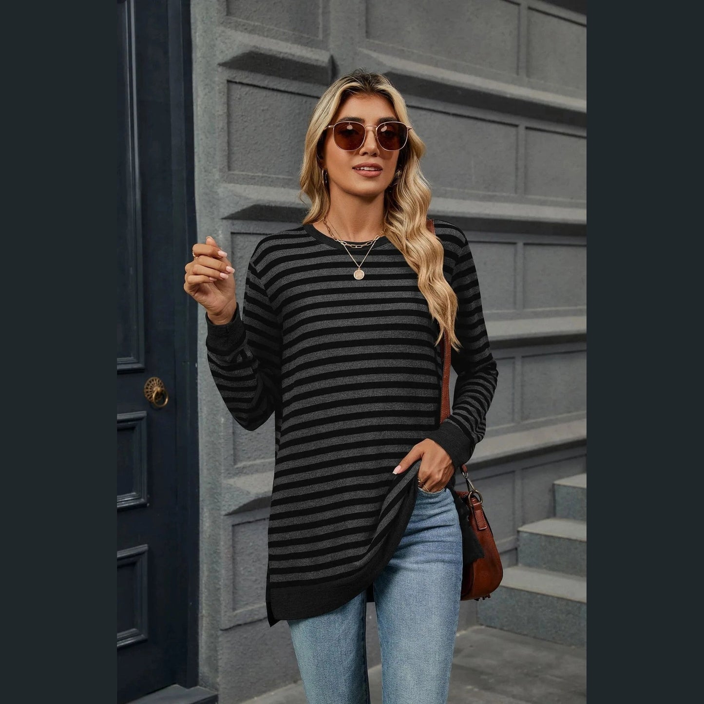 Kelly Dark Grey on Black Striped Long Sleeve Tunic