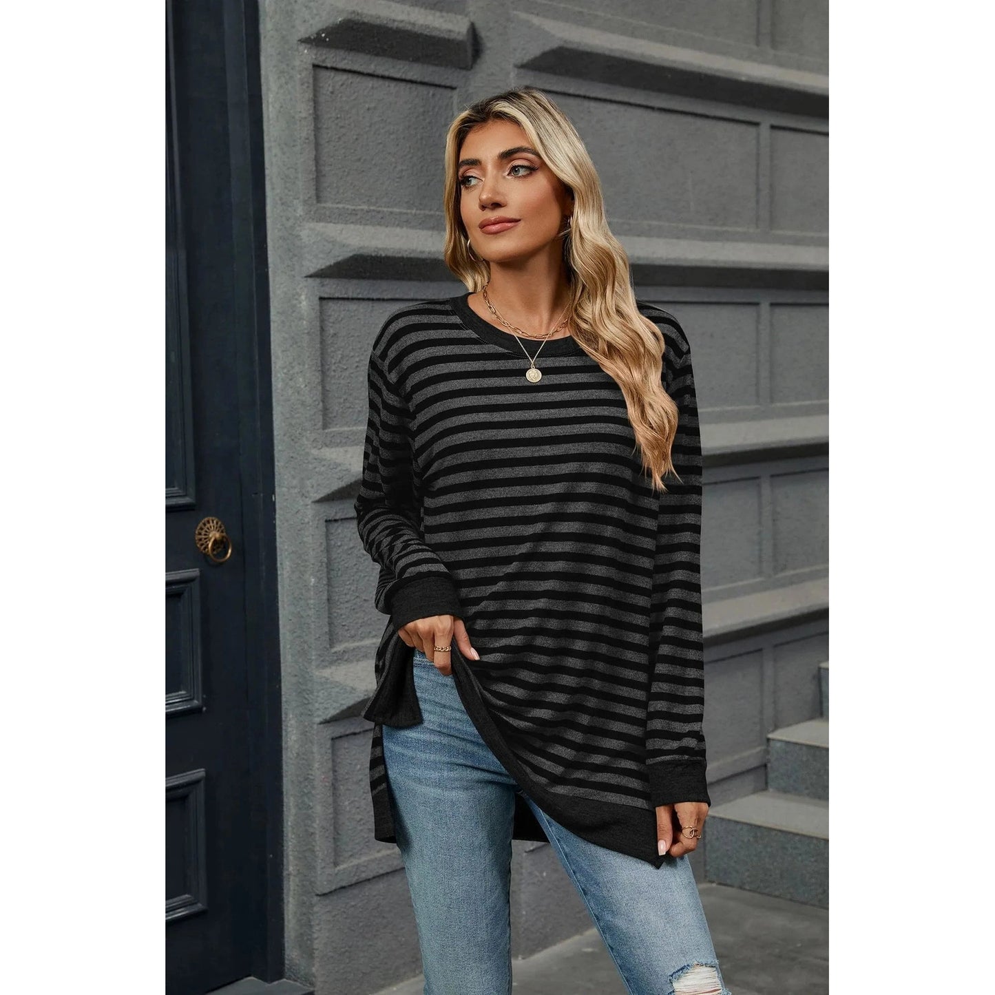 Kelly Dark Grey on Black Striped Long Sleeve Tunic