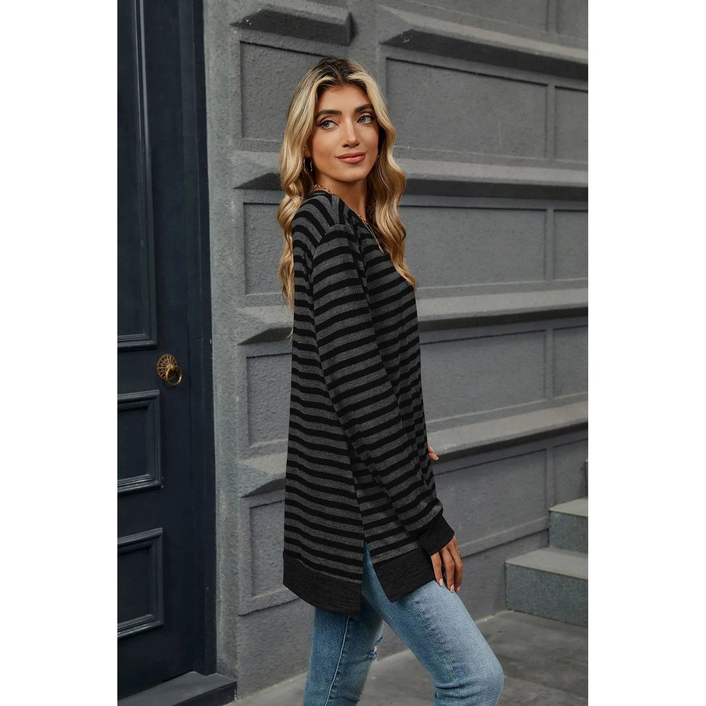 Kelly Dark Grey on Black Striped Long Sleeve Tunic