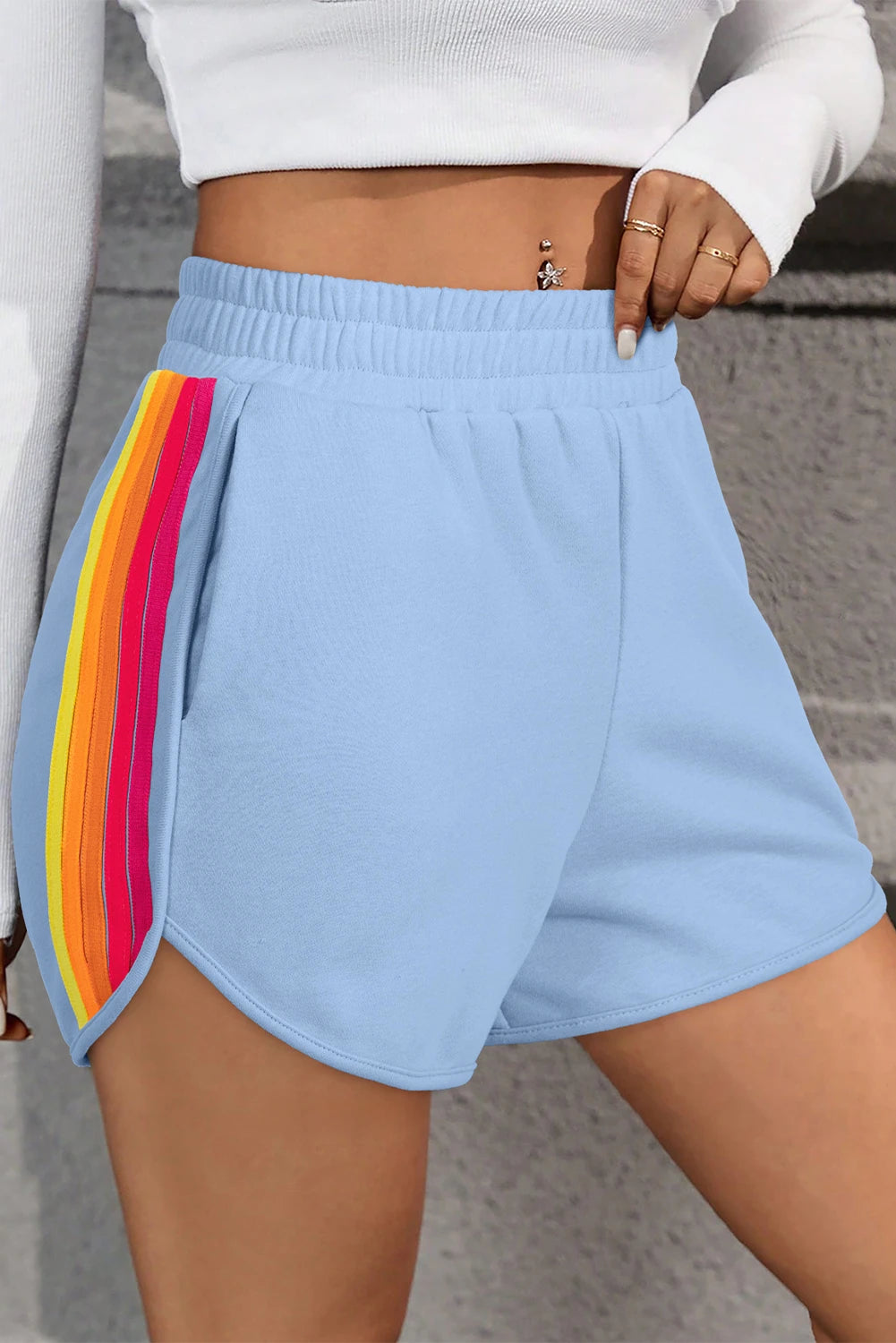 SALE!!!  Kelsa Beau Blue Color Block Stripes Elastic High Waist Active Shorts