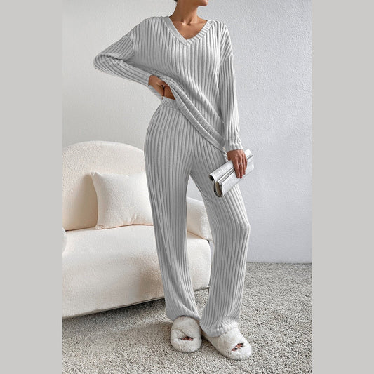 Kenlie Grey Ribbed Knit V Neck Slouchy Two-piece Outfit