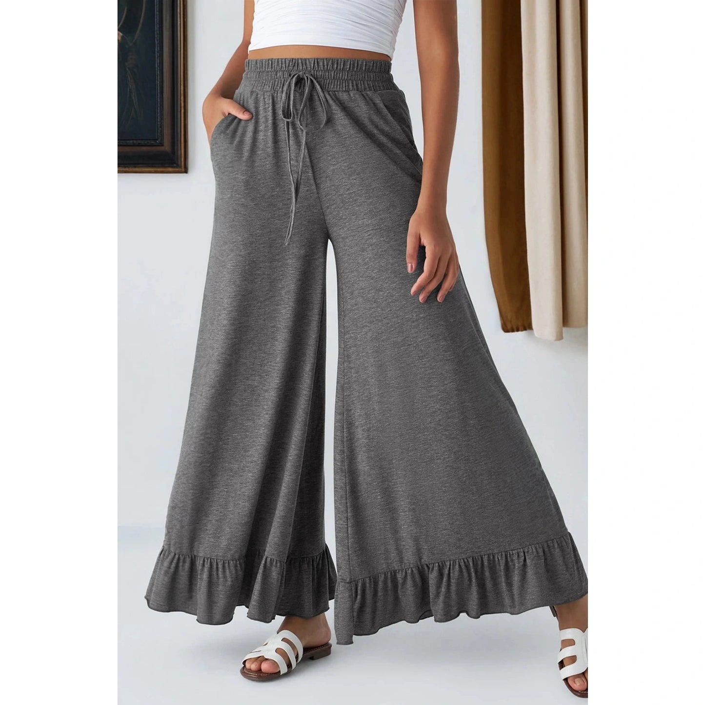 Kendria Grey Ruffled Wide Leg Pull On High Waist Pants with Pockets