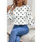 Kendry White Polka Dot Print Round Neck Frilled Long Sleeve Blouse