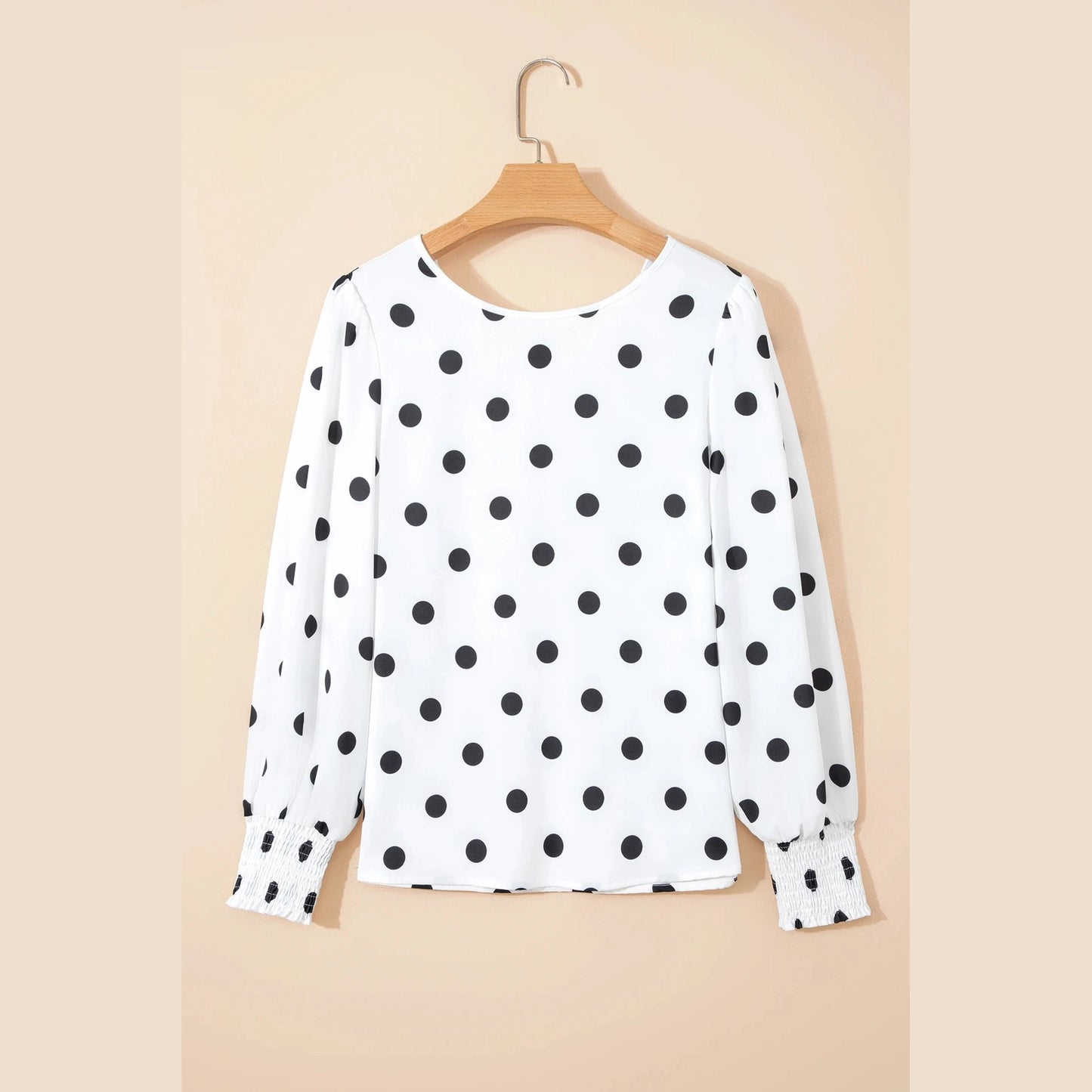 Kendry White Polka Dot Print Round Neck Frilled Long Sleeve Blouse