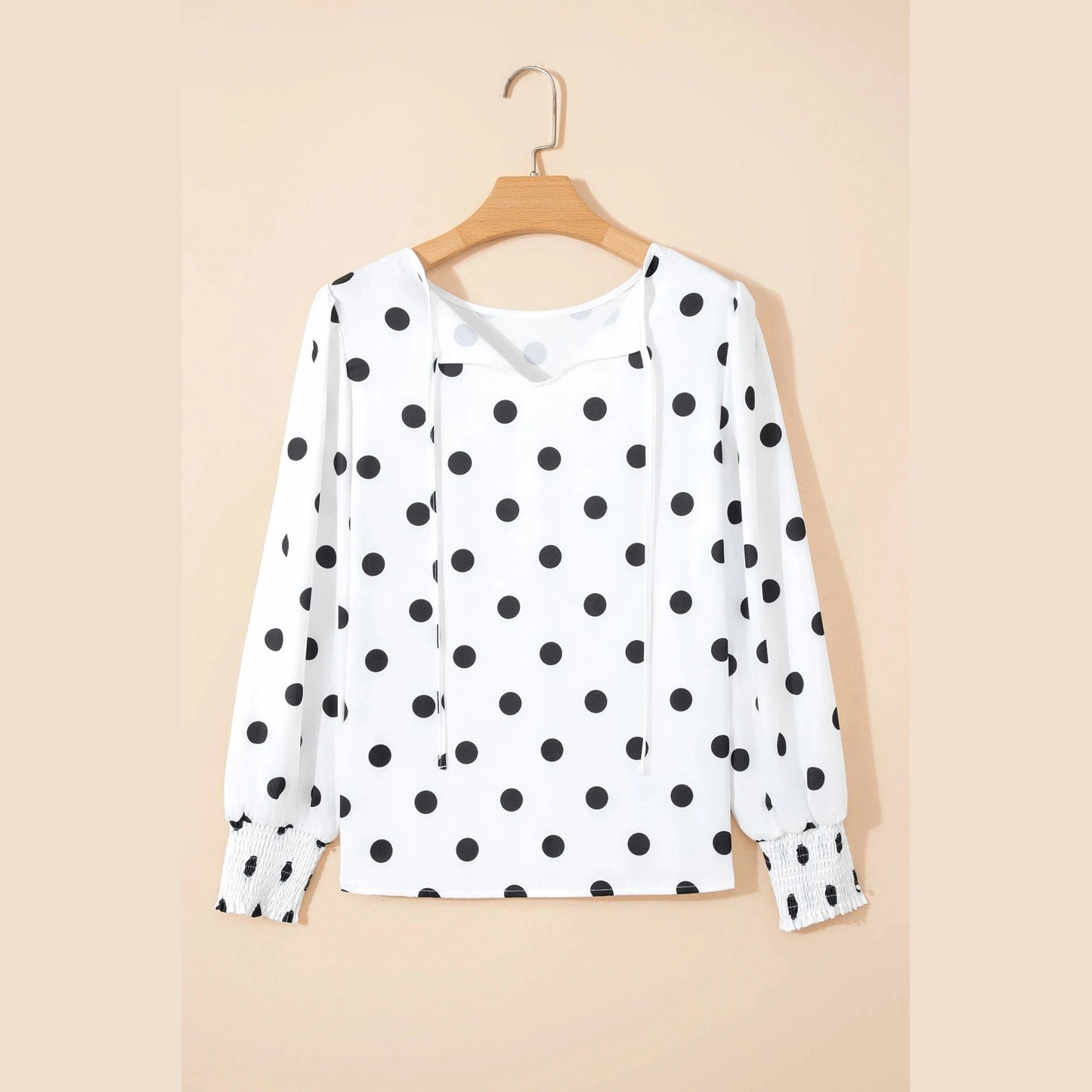 Kendry White Polka Dot Print Round Neck Frilled Long Sleeve Blouse