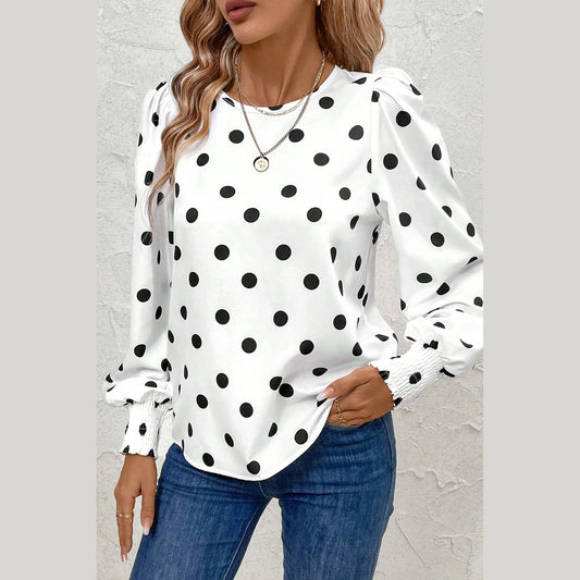 Kendry White Polka Dot Print Round Neck Frilled Long Sleeve Blouse