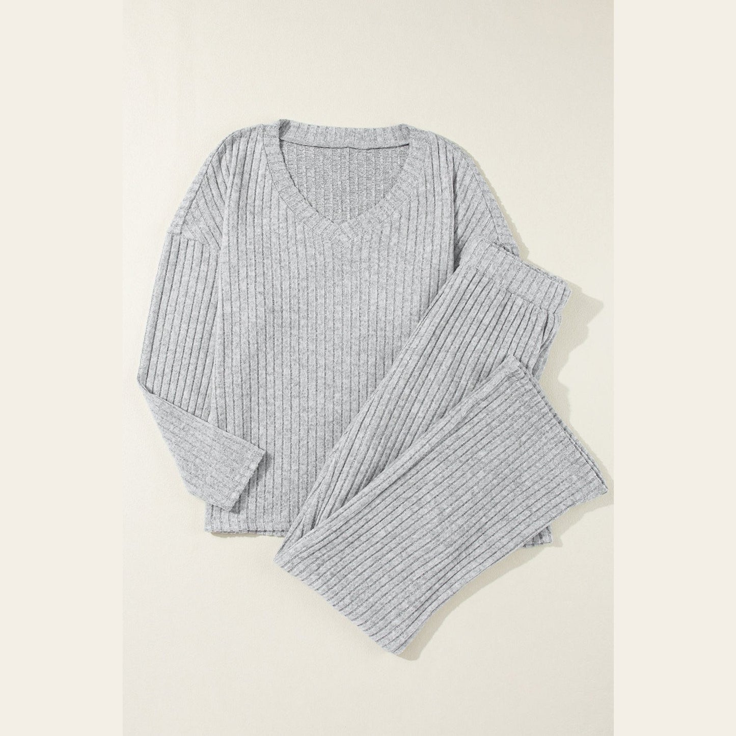 Kenlie Grey Ribbed Knit V Neck Slouchy Two-piece Outfit