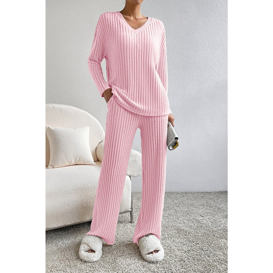 Kenlie Pink Ribbed Knit V Neck Slouchy Two-piece Outfit