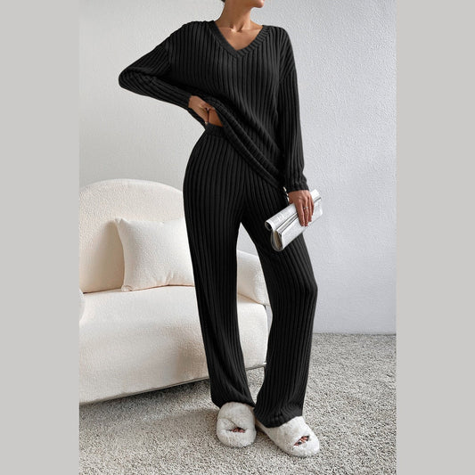 Kenlie Black Ribbed Knit V Neck Slouchy Two-piece Outfit