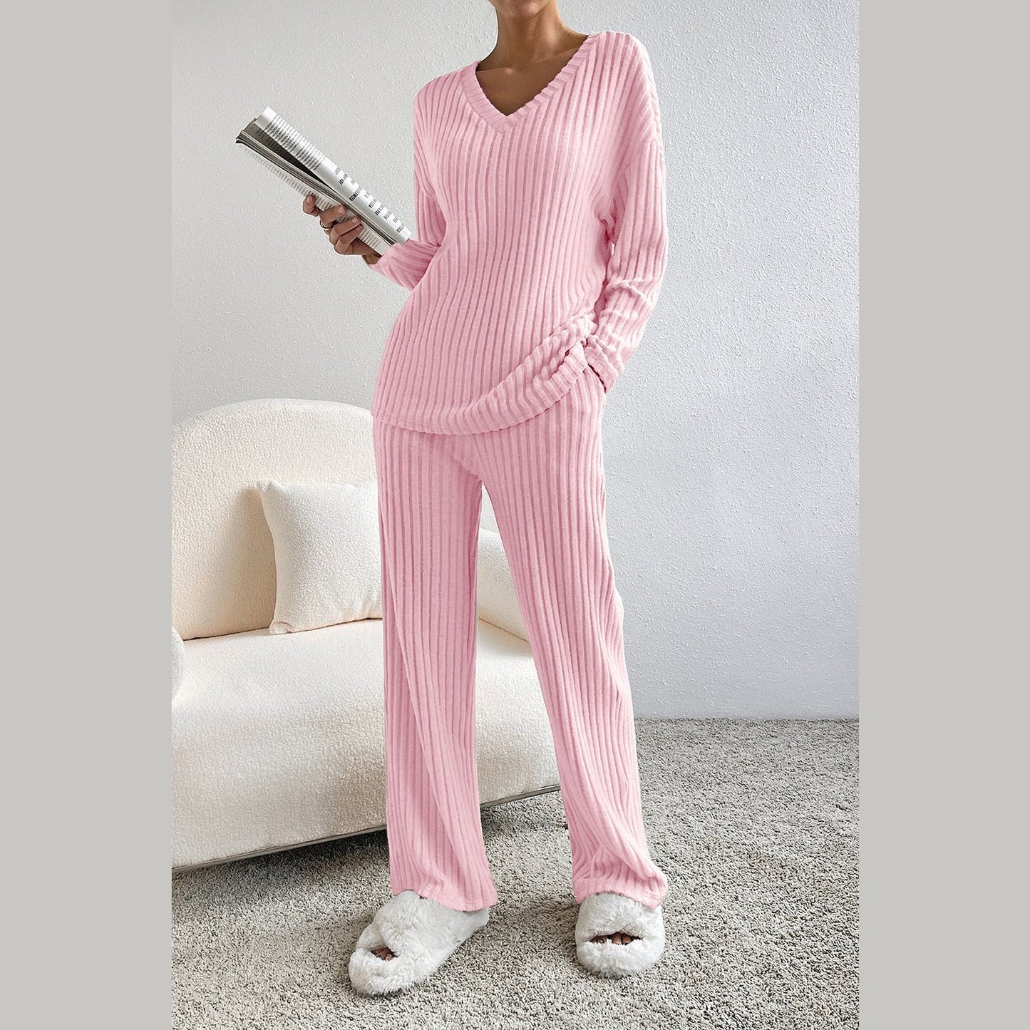 Kenlie Pink Ribbed Knit V Neck Slouchy Two-piece Outfit