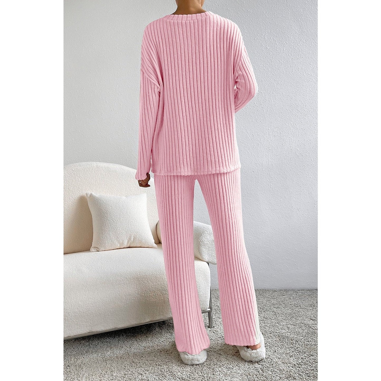 Kenlie Pink Ribbed Knit V Neck Slouchy Two-piece Outfit