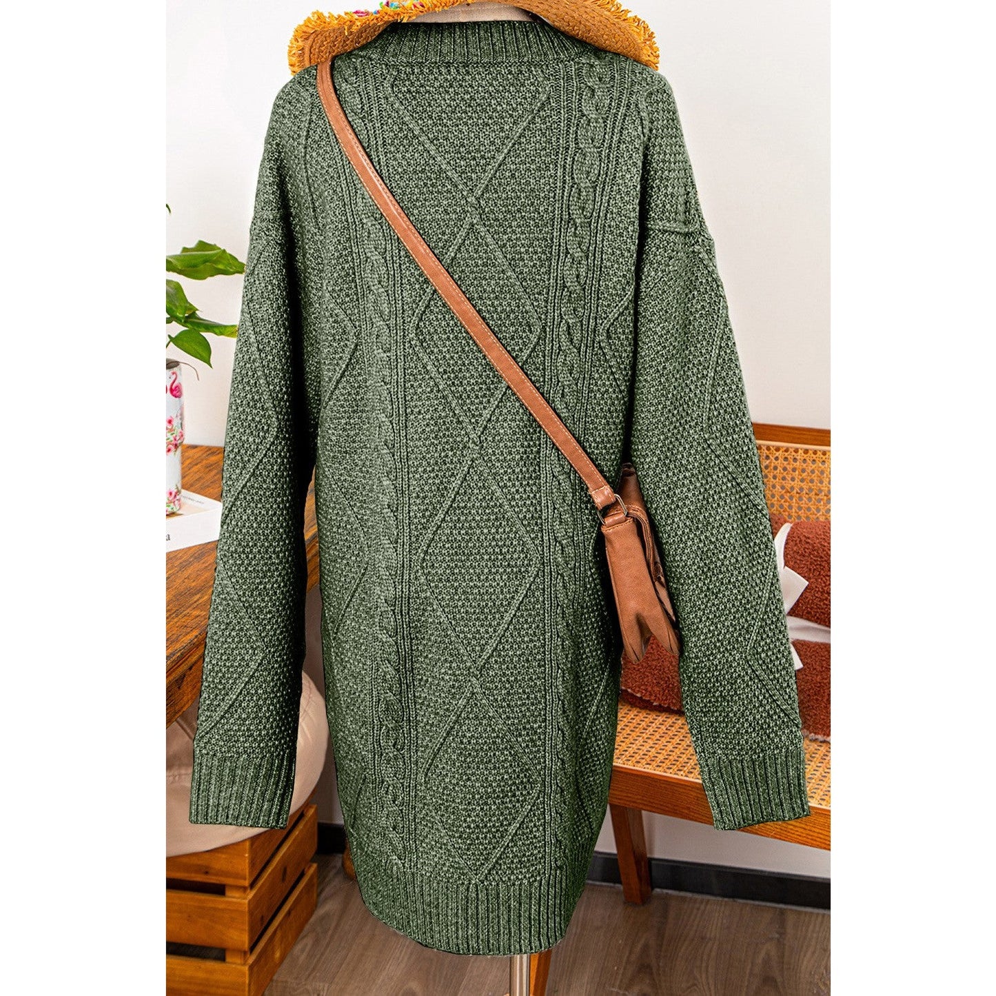 Kenna Green Cable Knit Drop Shoulder Loose Fit Sweater Dress