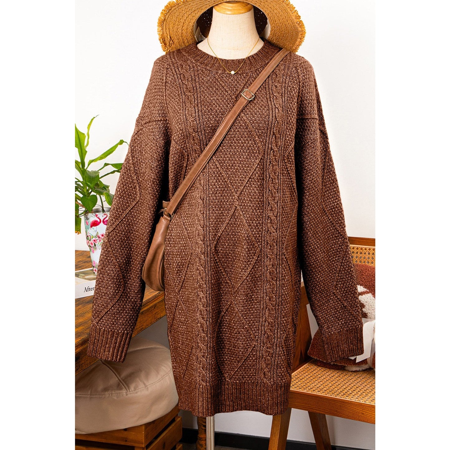 Kenna Coffee Cable Knit Drop Shoulder Loose Fit Sweater Dress