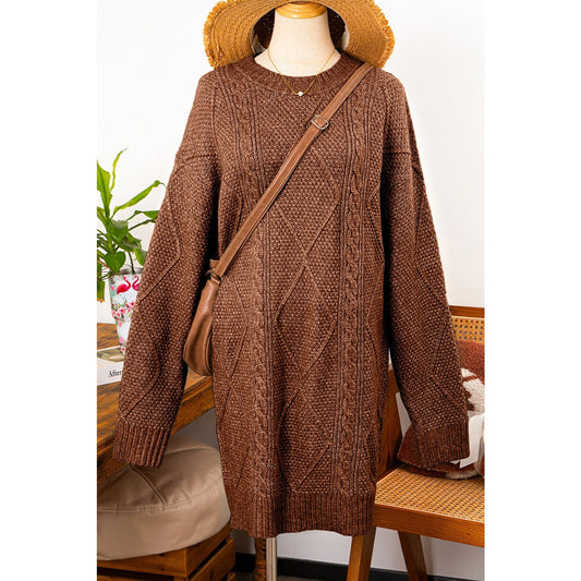 Kenna Coffee Cable Knit Drop Shoulder Loose Fit Sweater Dress
