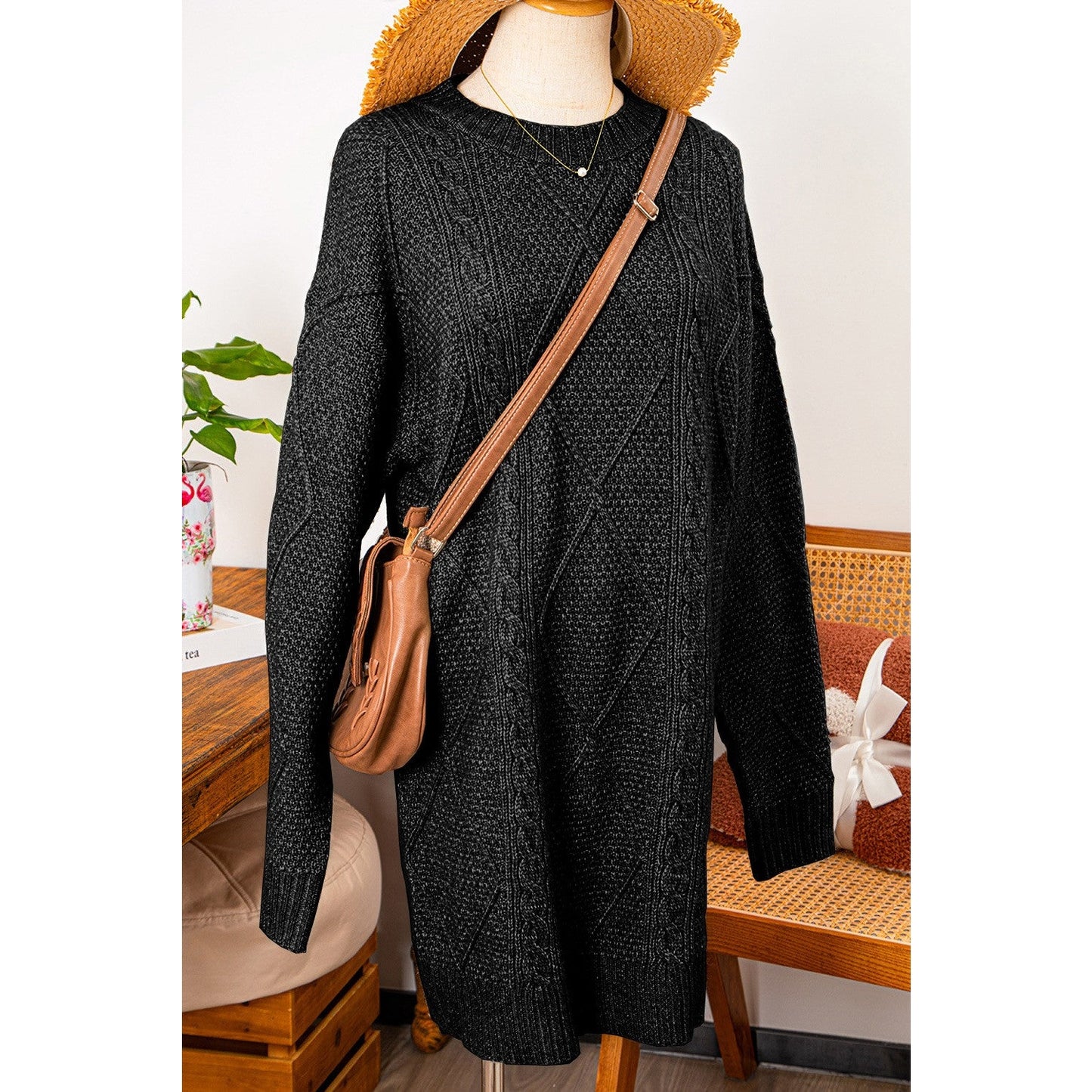 Kenna Black Cable Knit Drop Shoulder Loose Fit Sweater Dress * S-3X